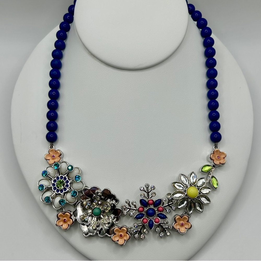 Festive Blue and Silver Floral Necklace
